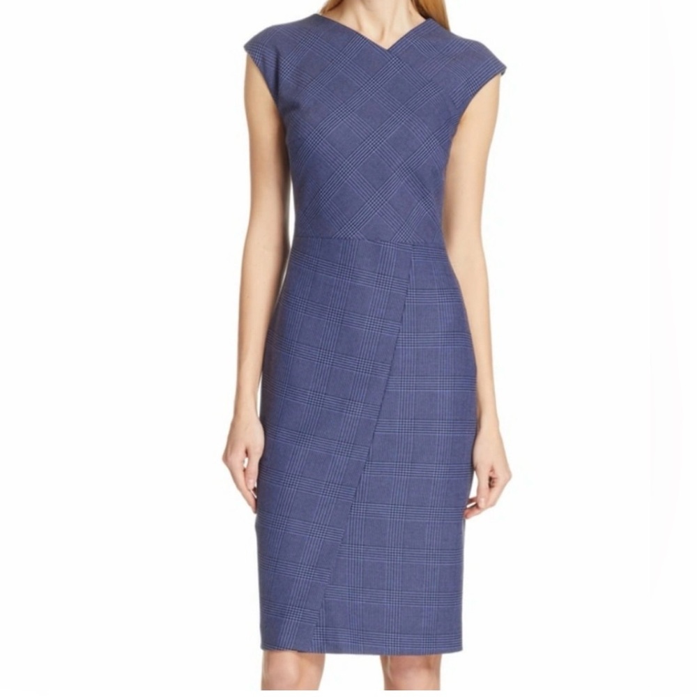 Like New Hugo Boss Dechesta Glen Sleeveless Navy Black Plaid Sheath Dress Size 6